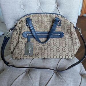 Michael Kors Large Calista Signature Satchel in Tan and Navy
